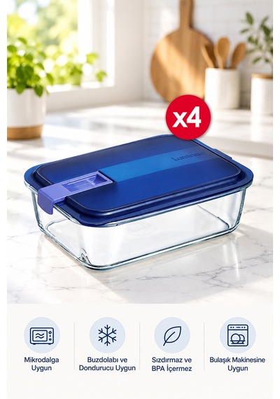 Temp Easy Box Dikdörtgen Mavi Kapak 197cl 4'lü Cam Saklama Kabı Seti Kapaklı Gıda Saklama Kabı Çok Renkli