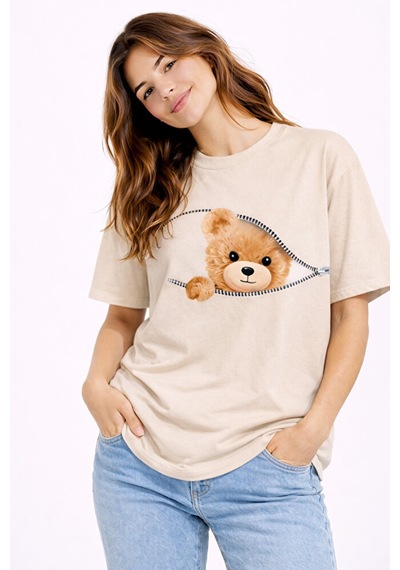 Fermuarlı Ayıcık Baskılı Kadın Tişört Oversize Sevimli Teddy Bear Bej