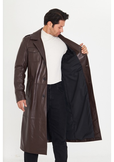 M M Marki Marki Erkek Hakiki Deri Trençkot Kahverengi, İngiliz Yaka, Düğme Kapamalı, 130 Cm, 4 Cepli - 506822