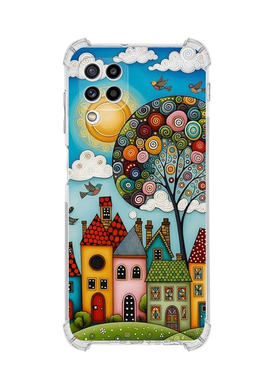 Printify Samsung Galaxy M32 İle Uyumlu Düşlerin Dansı Serisi Gökyüzü Şehri Tasarımlı Uv Baskılı Köşe Korumalı Antişok Kılıf Şeffaf