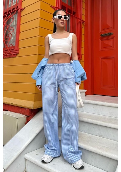 Madmext Mavi Beli Ayarlanabilir Ekoseli Bol Paça Kadın Pantolon Mg2335 Mavi