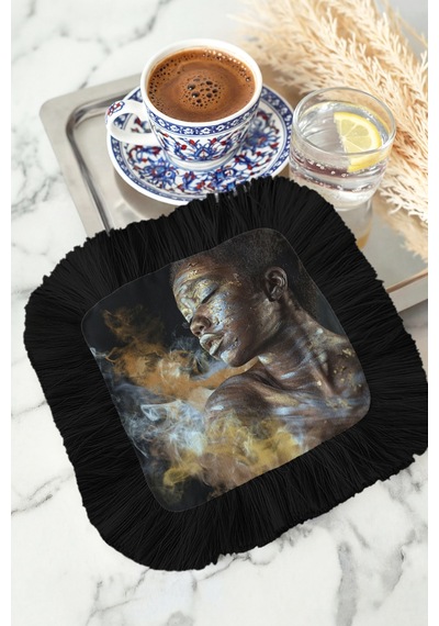 Sanatsal Işıltılı Saçaklı Sunum Peçetesi - Afro Dokunuşlu Bohem Siyah Bardak Altlığı Mendil Soft Göl Bronz