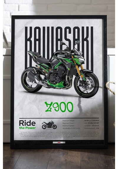 Kawasaki Z900 Siyah Ahşap Çerçeveli Poster, Dekoratif Motosiklet Duvar Tablosu