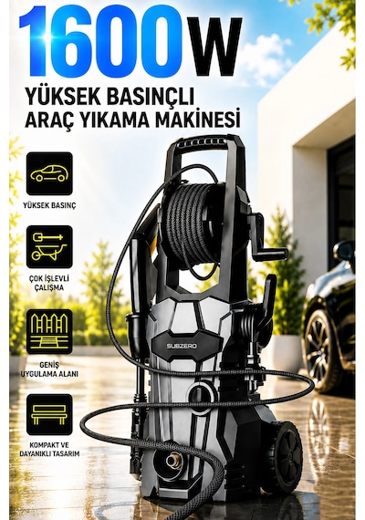 Exenar - Siyah - Cw55 Ev Tipi Araç Yıkama Makinesi Kablolu Evde Oto Yıkama Cihazı 1600w 75 Bar Basınçlı Su