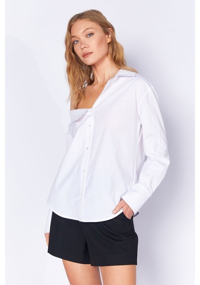 Manche Beyaz Asimetrik Poplin Likralı Gömlek Mks169256-01