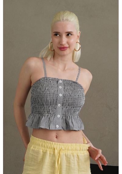 Madmext Siyah Ayarlanabilir Askı Pötikareli Crop Mg2371 Siyah