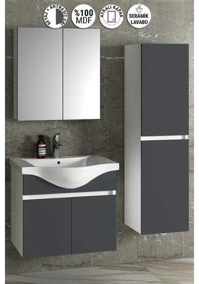Yıldız 65+35 Cm Beyaz-antrasit Gri Mat Mdf Seramik Lavabolu Asma Banyo Dolabı Takımı Beyaz - Antrasit Yıldız 65+35 Cm Beyaz-antrasit Gri Mat Mdf Seramik Lavabolu Asma Banyo Dolabı Takımı Beyaz - Antrasit