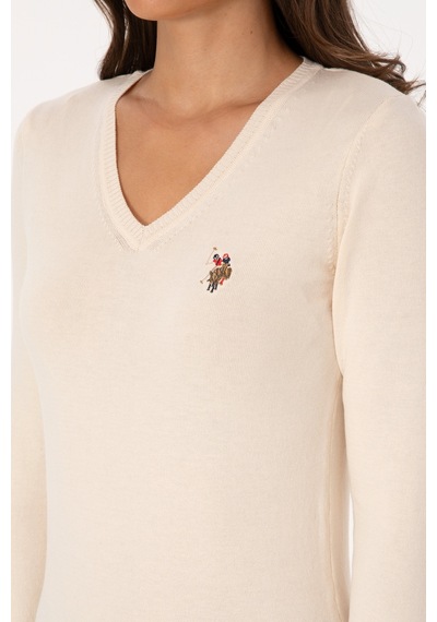 U.S. Polo Assn. Kadın Krem V Yaka Basic Kazak 50307727-VR256