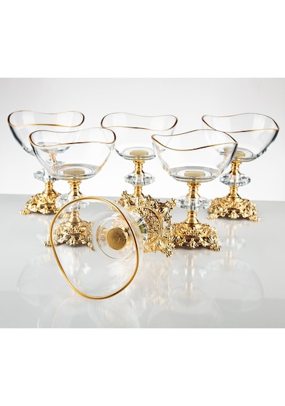 Argkristal Metal Ayaklı Vira Gold Detaylı Sütlü Tatlı Kasesi - Dondurmalık - Çerezlik 6 Lı Altın