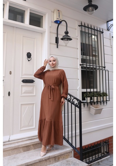 Nevayla Moda Lara Kumaş Bağlamalı Elbise - Taba / E0124 Taba