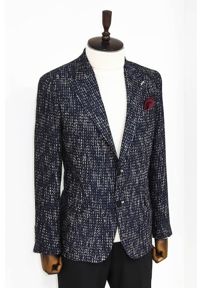 Wessi Desenli Slim Fit Spor Lacivert Erkek Ceket - Wessi Lacivert