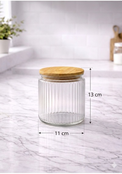 6 Lı Etiketli Cam Kavanoz Seti Bambu Vakum Kapaklı Çizgili Erzak Bakliyat Saklama Kabı 1000 Ml Cam