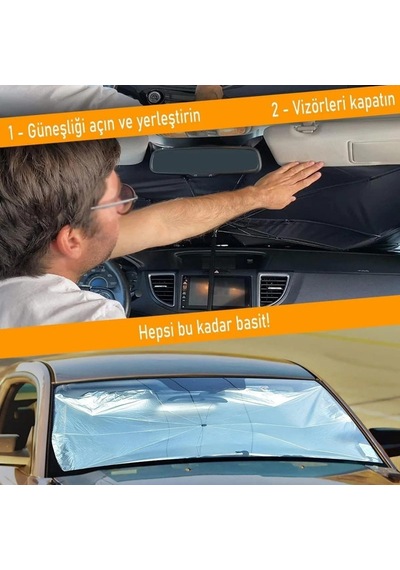 Oto Katlanabilir Güneşlik Şemsiye Ön Cam Gölgelik Özel Esnek Saplı Güneş Koruyucu 132 Cm X 77 Cm 00 Şüscaroto Aksesuar