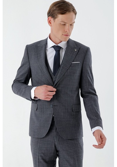 Morven Erkek Lacivert Poliviskon Trend Yelekli Ekoseli Slim Fit Sivri Yaka Takım Elbise 24mc001021200 Lacivert