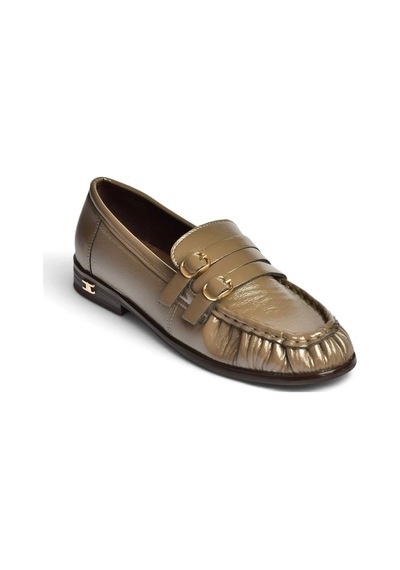 Fox Shoes Z820024208 Vizon Rugan Büzgü Detaylı Çift Tokalı Loafer Ayakkabı