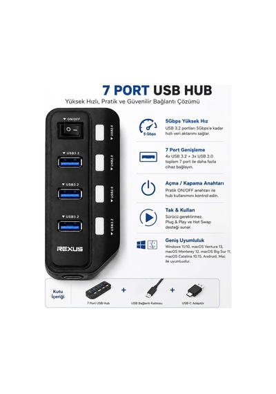 7 Port Usb Hub Usb 3.2 Gen1 5gbps, 4x Usb 3.2 + 3x Usb 2.0 Çoklayıcı, Açma Kapama Anahtarlı, Usb-a Ve Usb-c Adaptörlü, Plug & Play, Windows Mac Android Uyumlu Sy-u332 7 Port Usb Hub Usb 3.2 Gen1 5gbps, 4x Usb 3.2 + 3x Usb 2.0 Çoklayıcı, Açma Kapama Anahtarlı, Usb-a Ve Usb-c Adaptörlü, Plug & Play, Windows Mac Android Uyumlu Sy-u332