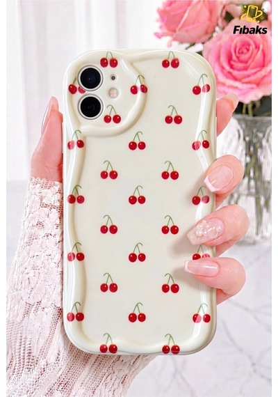 Fibaks iPhone 11 Uyumlu Kılıf Kamera Korumalı Dalga Kenarlı Kiraz Desenli Yumuşak Silikon Kapak