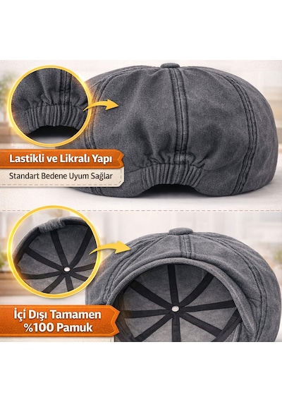 Perlotus Erkek İngiliz Kasket Şapka 8 Parça Yıkamalı Pamuk Kumaş Arka Lastikli Standart Beden BEJ