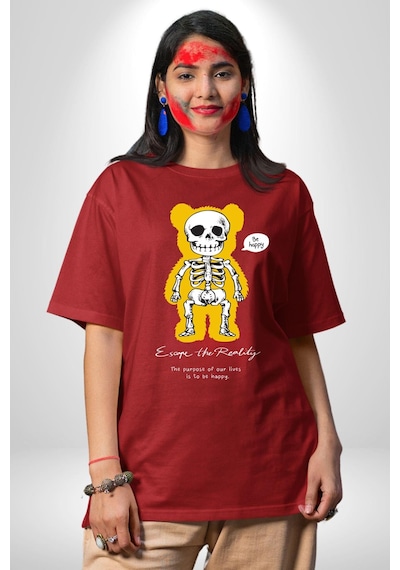 Mutlu Ol Pamuklu Bisiklet Yaka Unisex Oversize Boyfriend Dijital Baskılı Kırmızı T-shirt Kırmızı