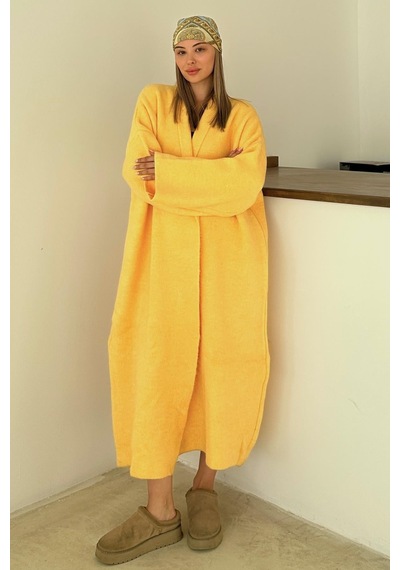 Olcay Oversize Kalın Triko Uzun Hırka Sarı 8274