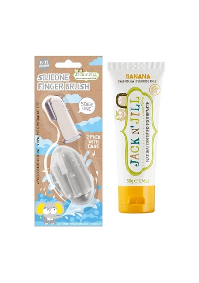 ' Jıll Jack N Jill Bebek Diş Fırçalama Seti Silikon 2'li Parmak Fırça + Muz Aromalı Diş Macunu 50g