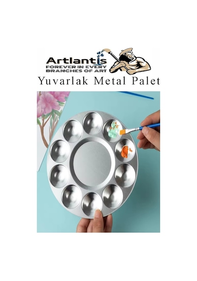 Yuvarlak Metal Palet 1 Adet Metal Boya Paleti 10 Hazneli 17 Cm Paslanmaz Resim Boyama Paleti Fırça Hediyeli