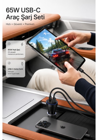 Kensa 65w Çift Portlu Hızlı Araç Şarj Aleti + Usb-c To Usb-c Şarj Kablosu Seti 65w Araç Şarj Cihazı