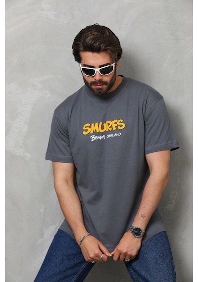 Novalisse Erkek Kısa Kol Yazlık Tişört Bisiklet Yaka Baskılı Oversize T-shirt - Füme Çoklu Renk