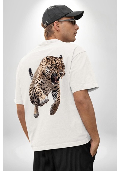 Jaguar Sırtından Çıkan Beyaz Oversize Unisex Ön Ve Sırt Baskılı Tişört Beyaz