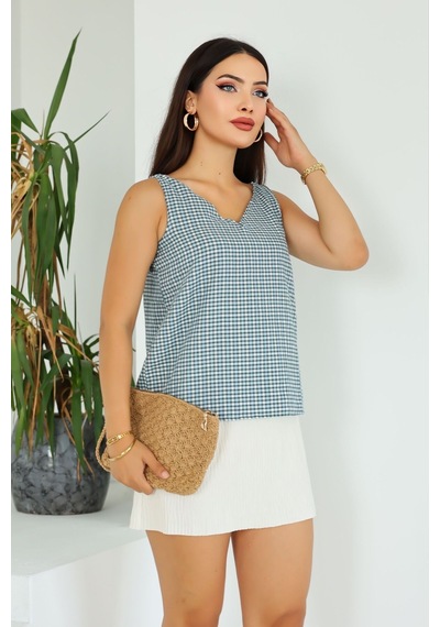 Lupinn Moda Kadın Turkuaz Beyaz Ekose Desenli V Yaka Arkası Çapraz Askılı Kolsuz Bluz Yeşil