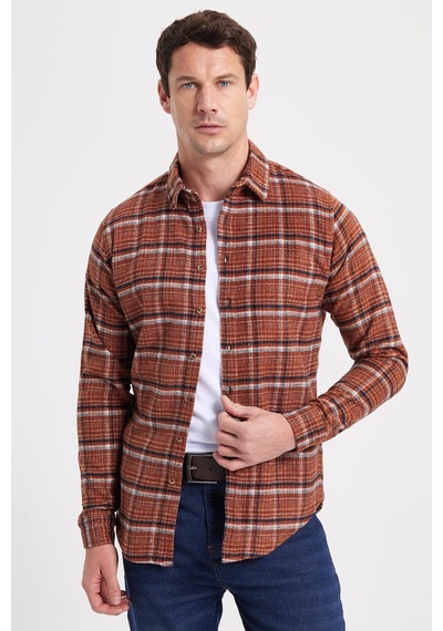 Tudors Erkek Slim Fit Dar Kesim Kareli Kışlık Oduncu Gömlek-42373 Kiremit