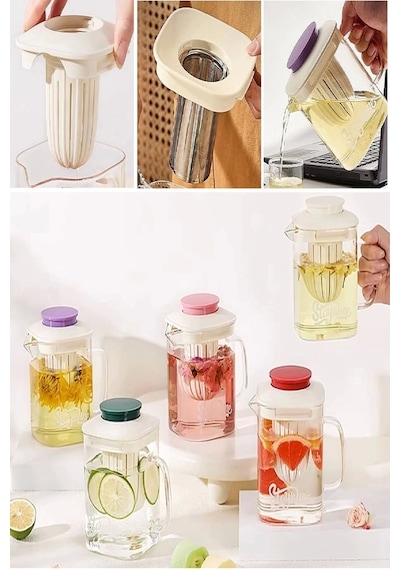 Isıya Dayanıklı Borosilikat Çelik Filtreli Bitki Çayı Süzgeçli Cam Demlik & 850 Ml. Kulplu Sürahi Bej