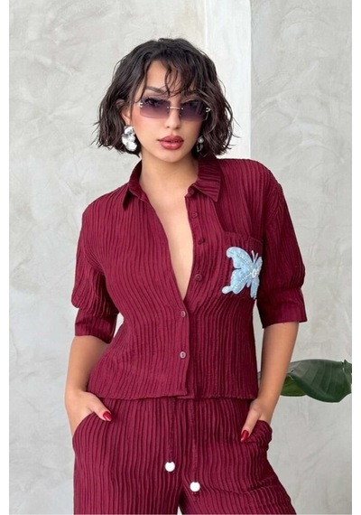 Verymoda Kelebek Detaylı Plise Gömlek D2782 Bordo