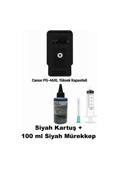 Canon Pixma E3140 / Pg-46xl Siyah Yüksek Kapasite Tıpalı İthal Uyumlu Dolabilen Kartuş+mürekkep+şırınga
