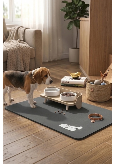 MAtGo Pati Evcil Hayvan Beslenme Matı Kemik Figürlü Su Geçirmez Kaymaz Gri Kedi Köpek Mama Paspası 50 x 70 CM