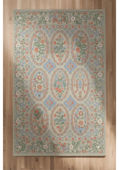 Floris 235 Bej Yeşil Mavi Çiçekli Bordürlü Eskitme Desenli Dokuma Şönil Bohem Vintage Oda Halısı