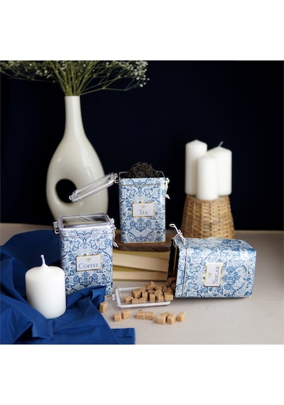 Azulejos Desenli Dikdörtgen Kilitli Saklama Kabı 3 Lü Set 7.5 X 10 X 15 Cm Tea, Coffee, Sugar Çok Renkli