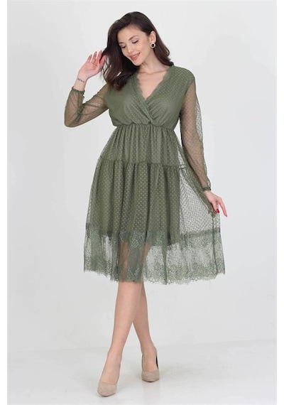 Neşeli Butik Neseli Butik Kruvaze Yaka Eteği Güpür Detaylı Yeni Sezon Elbise Nb0010 Haki