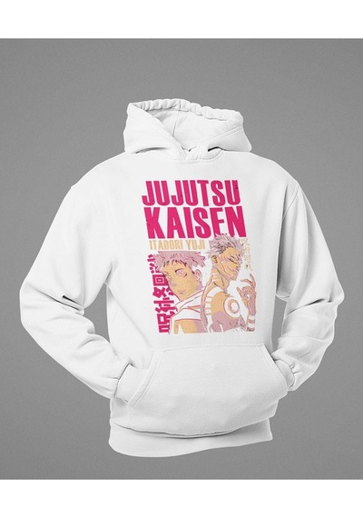 Jujutsu Kaisen Itadori Yuji Baskılı Unisex Oversize Anime Hoodie Beyaz