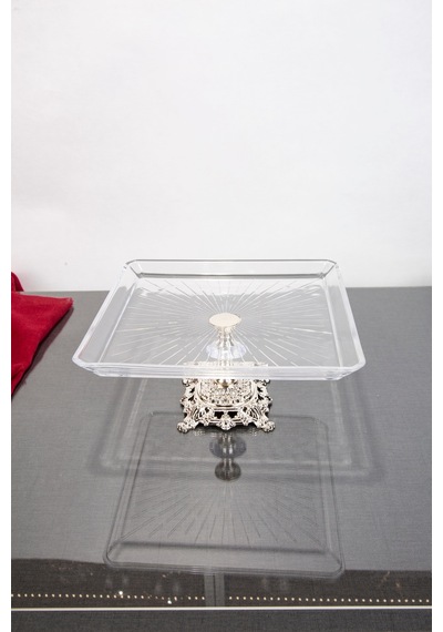 Argkristal Madlen Kare Servis Ve Sunum Tabağı Gümüş Detaylı Metal Ayaklı 24x24x14 Gümüş