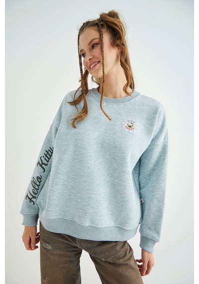 Hello Kitty Lisanslı Baskılı Fit Yeşil Sweatshirt Renkli