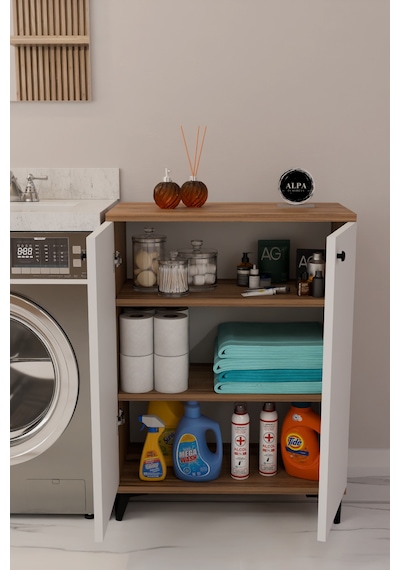 Çok Amaçlı Banyo & Çamaşır Odası Dolabı, Ayarlanabilir Raflı, Kapaklı Modern Banyo Dolabı Atlantik Çam - Beyaz