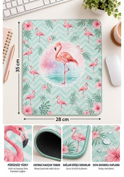 Flamingo Tasarımlı Mousepad 28x35 Cm Kaymaz Tabanlı Dikişli Kenar Ofis Ve Masaüstü