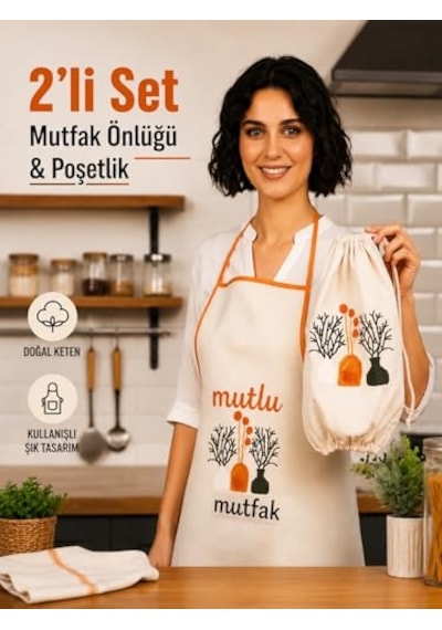 Tr Önlüğü Kadın Çiçek Desenli Cepli Askılı Mutfak Yemek Pişirme Servis Önlüğü 70x75 Yeşil Diğer
