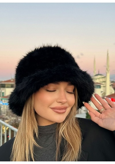 Mollycrush Luxury Peluş Bucket Kalpak Şapka Kışlık Suni Kürk Siyah Kadın Şapkası Siyah