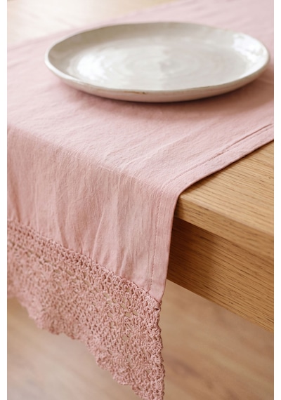 Pudra Lacy Pamuklu Dantelli Runner 40x150 Cm Pembe