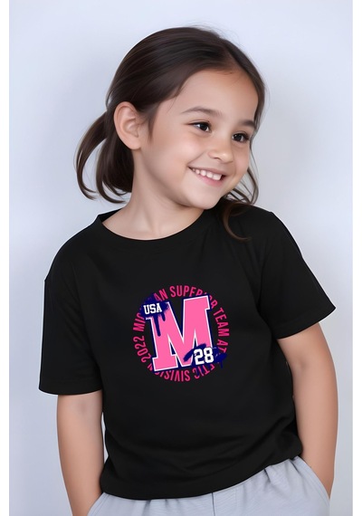 Panios Kids M 28 Baskılı Kız Çocuk Kısa Kollu T-shirt Siyah
