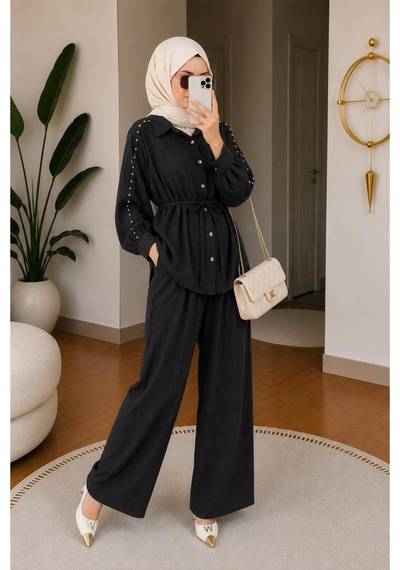 Hira Life Fashion Kadın Kolu Taş Detaylı Bel Bağlamalı Salaş Keten Gömlek Pantolon İki 'li Şık Takım Siyah Siyah Hira Life Fashion Kadın Kolu Taş Detaylı Bel Bağlamalı Salaş Keten Gömlek Pantolon İki 'li Şık Takım Siyah Siyah