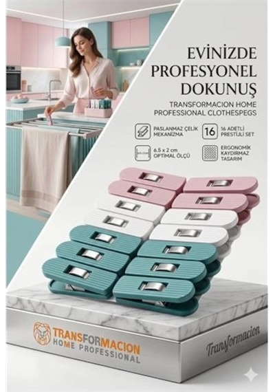 Profesyonel Çamaşır Mandalı 16'li Çelik Mekanizmalı İz Bırakmaz Mandal Seti 723089 40 x 19