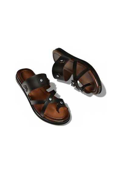 Fox Shoes Y390022603 Siyah Hakiki Deri Nazar Boncuklu Parmak Detaylı Kadın Terlik Siyah